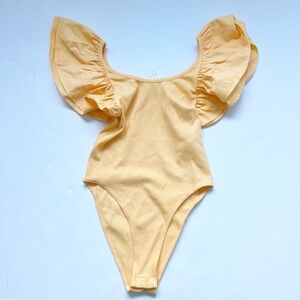 2/25 Zara Yellow Bodysuit Ruffle Puff Sleeve New Medium 6050/401/643